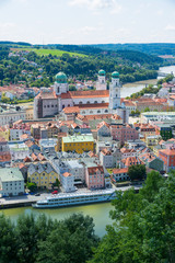 aerial of Passau cathedral at danube river