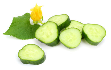 cucumber with sliced cucumber and leaf isolated on white background