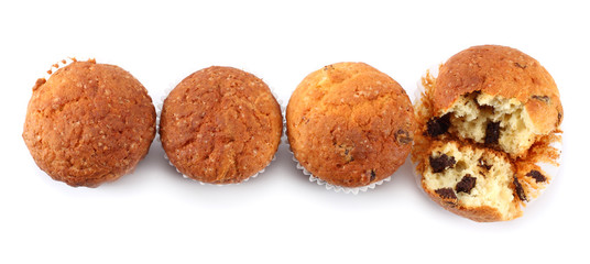 muffin with chocolate isolated on white background. top view