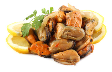 marinated mussels isolated on white background