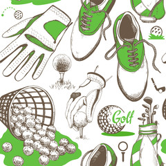 Seamless golf pattern with basket, shoes, car, putter, ball, gloves, bag. Vector set of hand-drawn sports equipment. Illustration in sketch style on white background.