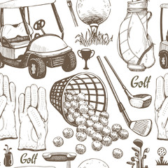 Seamless golf pattern with basket, shoes, car, putter, ball, gloves, bag. Vector set of hand-drawn sports equipment. Illustration in sketch style on white background.