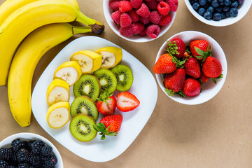 Appetizing set of fresh fruits and ripe berries
