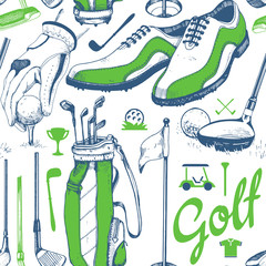 Seamless golf pattern with basket, shoes, car, putter, ball, gloves, flag, bag. Vector set of hand-drawn sports equipment. Illustration in sketch style on white background. - 169744618