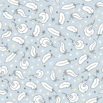 Pattern with feather. Elegant seamless pattern with birds feathers on blue-gray background in hand drawn style. / vector illustration