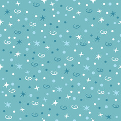 Pattern with stars, swirl and points. Elegant seamless pattern on blue background in hand drawn style. / vector illustration