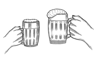 Hand holding a full glass of beer, vector illustration sketch by hand, isolation on a white background male hand with a mug of foamy golden beer, the concept of time to drink alcohol