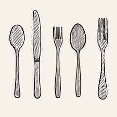 Vector illustration gravure cutlery fork, spoon and knife. Black on white background