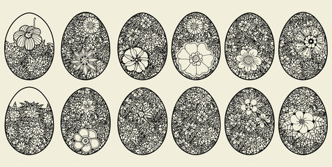 Hand drawn set of isolated sketch ornate Easter eggs