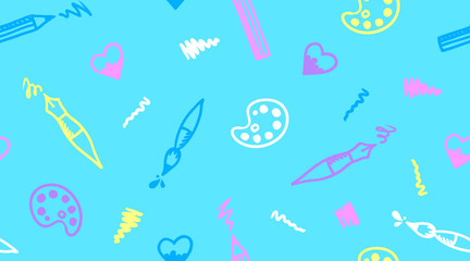 Hand drawn seamless pattern of art elements. Pen, pencil, brush, paint palette, heart and strokes.