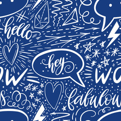 Calligraphy hand lettering seamless pattern. Positive signs, star, heart, speech bubbles, geometric forms. Perfect for print, textile, t-shirts, phone cases. Modern surface design. Vector illustration
