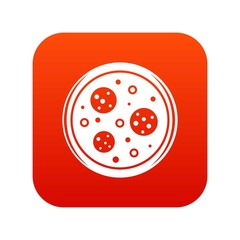 Tasty pizza with sausage and olives icon digital red