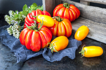 Ripe tomatoes on dark background