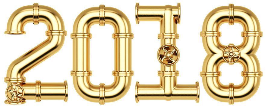 new 2018 year from golden gas pipes. Isolated on white background. 3D illustration