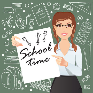 Smiling schoolgirl standing in front of a blackboard and holding a poster with phrase "School time". / Flat design, vector cartoon illustration.