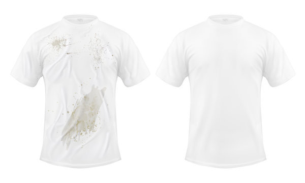Set of vector illustrations of a white T-shirt with a dirty stain and clean, before and after dry cleaning, isolated on a white background. Print, template, design element