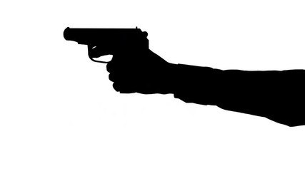 Moving male hand firing from a gun Moving black silhouette of a male hand holding a gun and then firing a single shot against white background