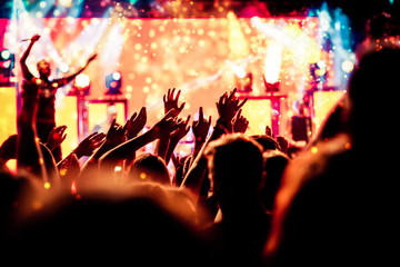 Plakat crowd with raised hands at concert - summer music festival