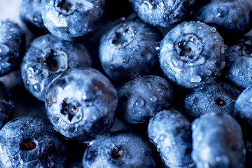 Contrast macro photo food, summer fresh juicy ripe berries, blueberries on gray background