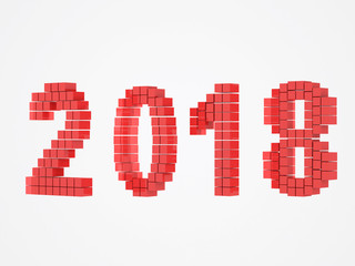 3d renderer image. Red cubes with 2018. New Year concept. Isolated on white background.