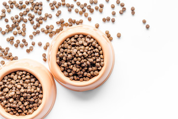 bowl full and overflowing with dry pet - dog food bits on white background top view mock-up