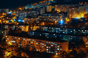 Fototapeta na wymiar Panorama of the night buildings city of Gelendzhik, Close-Up 