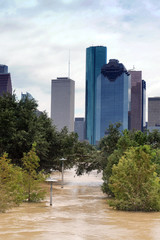 The consequences of the spill Buffalo Bayou River in Houston. Flooded park on Downtown city background. Hurricane Harvey