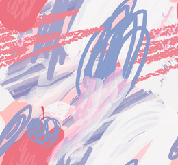 Watercolor brush strokes with scribbles doodles and apples