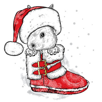 A funny bunny in a New Year's boot and Santa's hat. A vector illustration for a postcard or a poster, a print for clothes. New Year and Christmas, winter. Sweet rabbit.