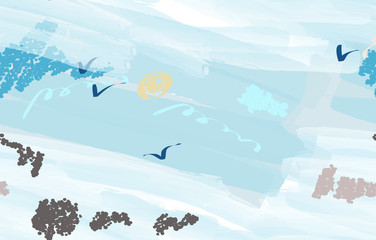 Colorful watercolor brush strokes with abstract birds