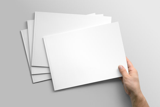 Blank A4 photorealistic landscape brochure mockup on light grey background. 