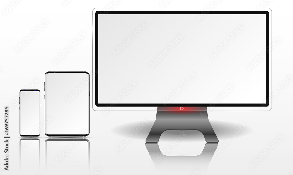 Aufkleber realistic computer, tablet and mobile phone with white wallpaper screen isolated. set of device mock