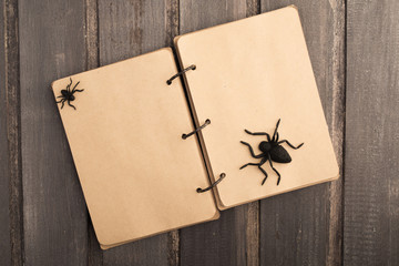 Empty notebook with halloween decoration over wooden background