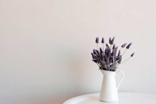 Fototapeta Purple lavender in small white jug on edge of round table against neutral wall with copy space to left
