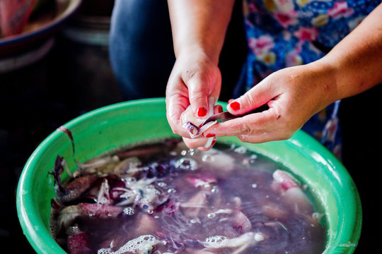 Thailand, Chang Wat Phang-nga, Tambon Takua Pa, Frau w&auml;scht Meerestiere, authentische Reise nach Phang Nga, Leben bei den Einheimischen