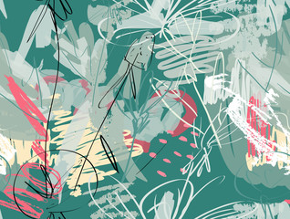 Doodles with grunge texture rough drawn dandelion flower and garden