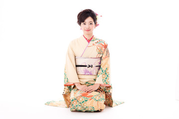 portrait of asian woman wearing japanese traditional kimono isolated on white background