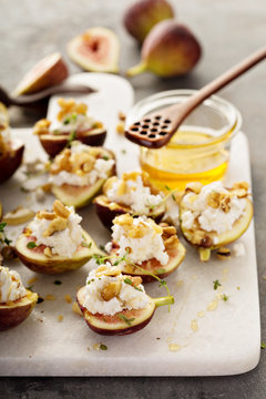 Fall appetizer with figs, feta cheese and walnuts