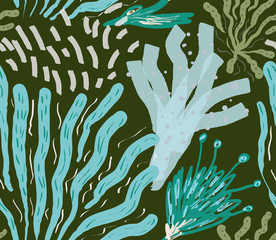 Colored with different brush strokes textures and dots floral underwater seaweed and corals