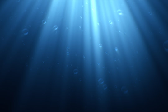 Underwater scene with air bubbles floating up and sun shining through the water 3d illustration