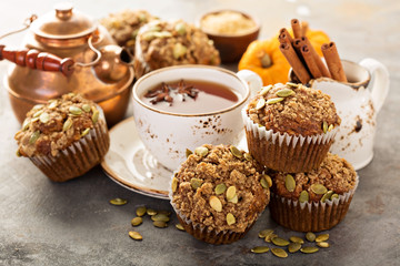 Healthy pumpkin muffins with tea and spices