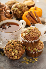 Healthy pumpkin muffins with tea and spices