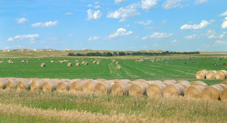 Hay bales and prairie in southern South Dakota with ideal blue sky and white puffy clouds