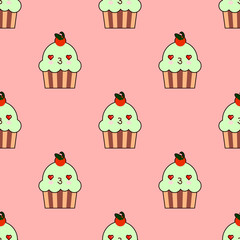 Cute cupcake seamless pattern with kawaii faces. Smiley cup cakes with charry topping. Flat design Vector Illustration