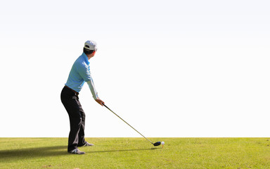 Asian golfer hit a golf ball by golf-club ( tee off  ball by driver (1-wood) isolated