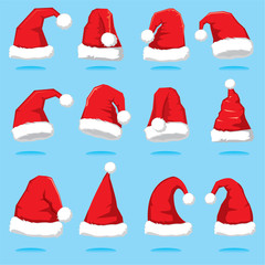 Big set of Santa hats. Santa Claus red hat silhouette. Santa hat vector illustration