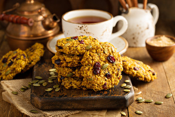 Breakfast cookies with pumpkin puree, cranberry and seeds