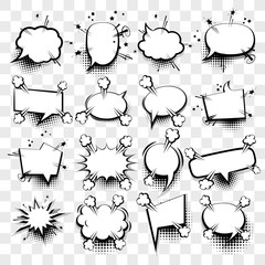Creative idea conversation sketch explosion. 16 Big set picture blank template pop art style comic text speech bubble halftone dot background. Comics book dialog empty cloud, space cartoon box pop-art © Kapitosh