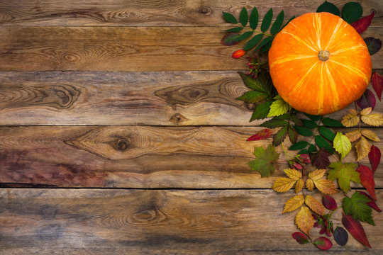 Happy Thanksgiving  greeting with fall leaves on rustic wooden background