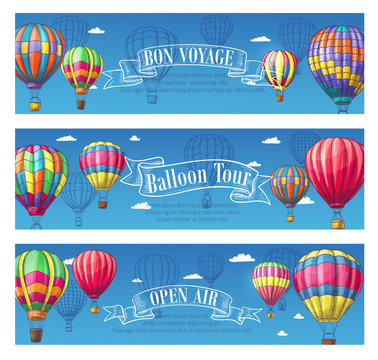 Vector banners for hot air balloon travel voyage